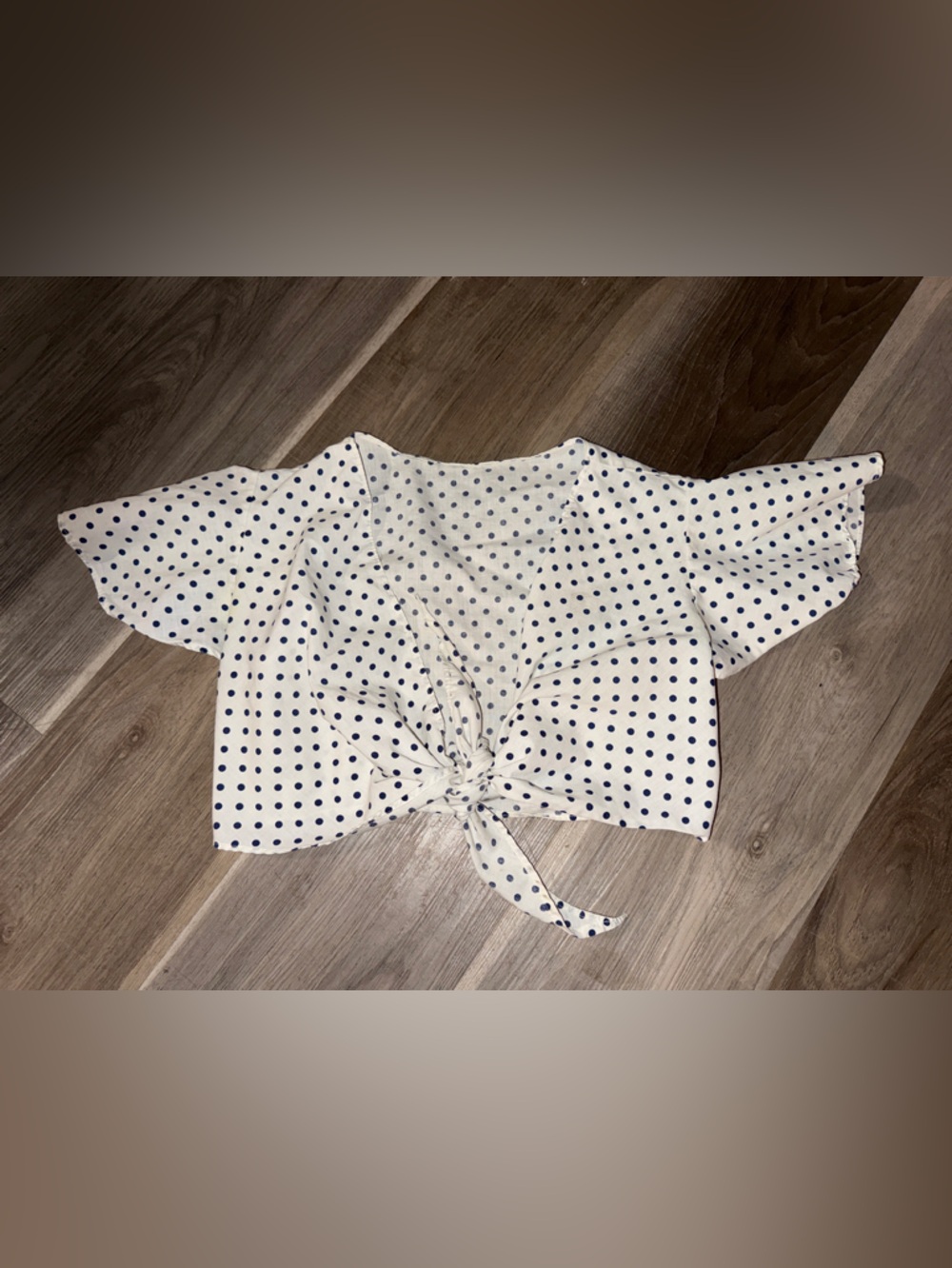 ✨Vintage✨ White Polka Dot Tie-Front Top - Navy Dots